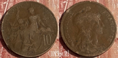Франция 10 сантимов 1917 года, KM# 843, 429p-054 ♛