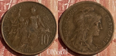 Франция 10 сантимов 1917 года, KM# 843, 438p-076 ♛