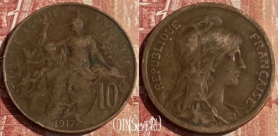 Франция 10 сантимов 1917 года, KM# 843, 439p-126 ♛
