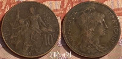 Франция 10 сантимов 1917 года, KM# 843, 486р-136 ♛