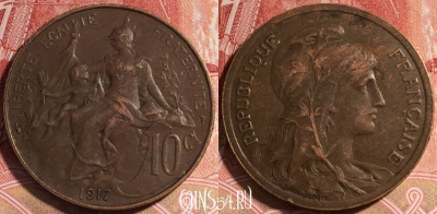 Франция 10 сантимов 1917 года, KM# 843, b066-063