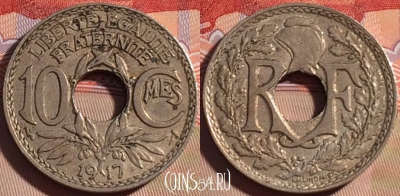 Франция 10 сантимов 1917 г., редкая, KM# 866a, 082b-091 ♛