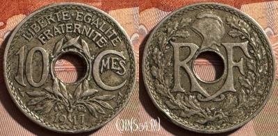 Франция 10 сантимов 1917 г., редкая, KM# 866a, 406s-055 ♛
