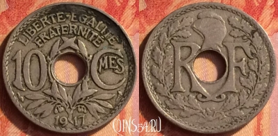Франция 10 сантимов 1917 года, KM# 866a, 435o-076 ♛