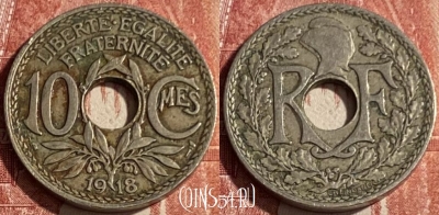 Франция 10 сантимов 1918 года, KM# 866a, 126q-069