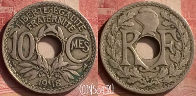 Франция 10 сантимов 1918 года, KM# 866a, 140m-123