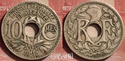 Франция 10 сантимов 1918 года, KM# 866a, 176l-072