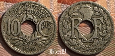 Франция 10 сантимов 1918 года, KM# 866a, 272s-066 ♛
