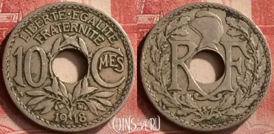 Франция 10 сантимов 1918 года, KM# 866a, 285m-052