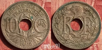 Франция 10 сантимов 1918 года, KM# 866a, 349o-009