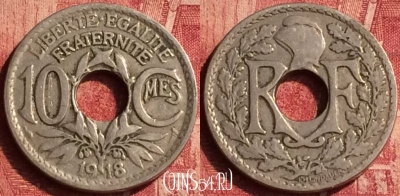 Франция 10 сантимов 1918 года, KM# 866a, 349o-078