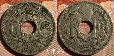 Франция 10 сантимов 1918 года, KM# 866a, 352s-122