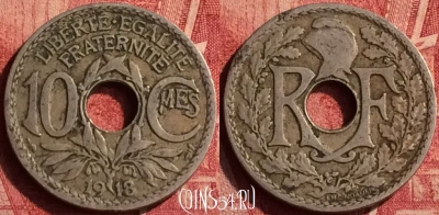 Франция 10 сантимов 1918 года, KM# 866a, 353o-129
