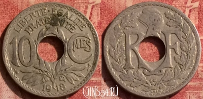 Франция 10 сантимов 1918 года, KM# 866a, 368o-123