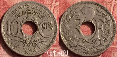 Франция 10 сантимов 1918 года, KM# 866a, 372o-047