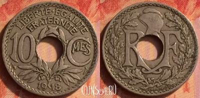 Франция 10 сантимов 1918 года, KM# 866a, 434o-087 ♛