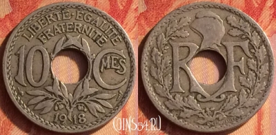 Франция 10 сантимов 1918 года, KM# 866a, 434o-094