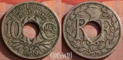 Франция 10 сантимов 1919 года, KM# 866a, 277o-104