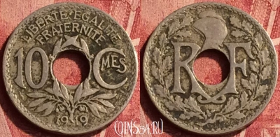 Франция 10 сантимов 1919 года, KM# 866a, 349o-041