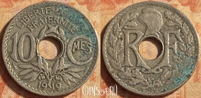 Франция 10 сантимов 1919 года, KM# 866a, 450o-033