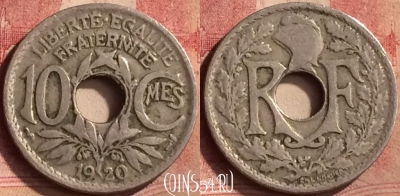 Франция 10 сантимов 1920 года, KM# 866a, 138m-006