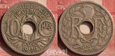 Франция 10 сантимов 1920 года, KM# 866a, 194m-144