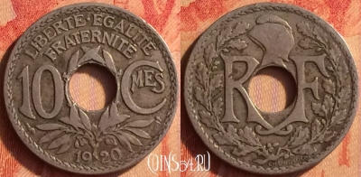 Франция 10 сантимов 1920 года, KM# 866a, 440o-042