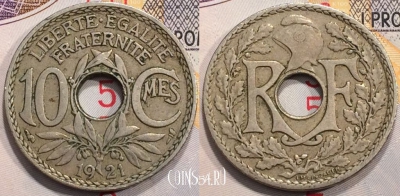 Франция 10 сантимов 1921 года, KM# 866a, 128-111