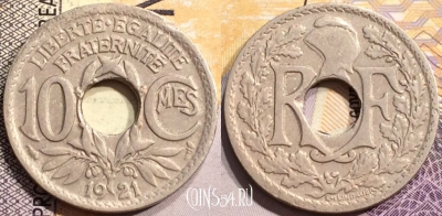 Франция 10 сантимов 1921 года, KM# 866a, 144-117
