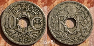 Франция 10 сантимов 1921 года, KM# 866a, 281s-044 ♛