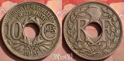 Франция 10 сантимов 1921 года, KM# 866a, 393o-008