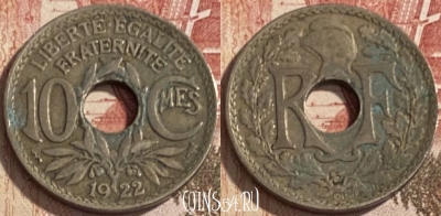 Франция 10 сантимов 1922 года, KM# 866a, 089s-083 ♛