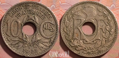 Франция 10 сантимов 1922 года, KM# 866a, 111b-027