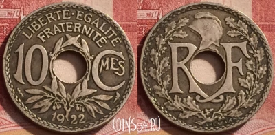 Франция 10 сантимов 1922 года, KM# 866a, 149l-048