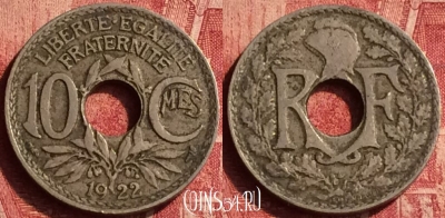 Франция 10 сантимов 1922 года, KM# 866a, 349o-084