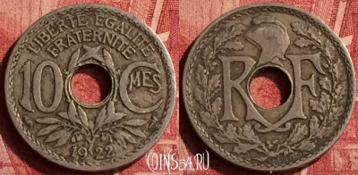 Франция 10 сантимов 1922 года, KM# 866a, 353o-118