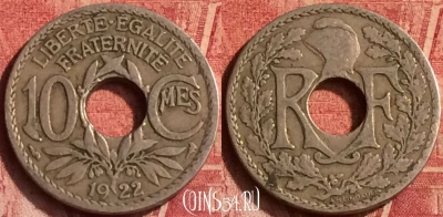Франция 10 сантимов 1922 года, KM# 866a, 372o-096