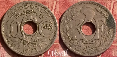 Франция 10 сантимов 1922 года, KM# 866a, 373o-043