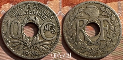 Франция 10 сантимов 1922 года, KM# 866a, 389s-069