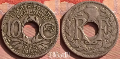 Франция 10 сантимов 1922 года, KM# 866a, 397o-029