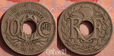 Франция 10 сантимов 1922 года, KM# 866a, 427o-020