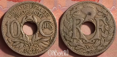 Франция 10 сантимов 1922 года, KM# 866a, 431o-067