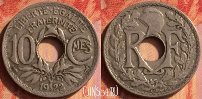 Франция 10 сантимов 1922 года, KM# 866a, 434o-096