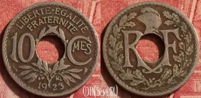 Франция 10 сантимов 1923 года, KM# 866a, 367o-124
