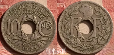Франция 10 сантимов 1924 года, KM# 866a, 130m-093