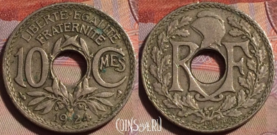 Франция 10 сантимов 1924 года, KM# 866a, 150b-048