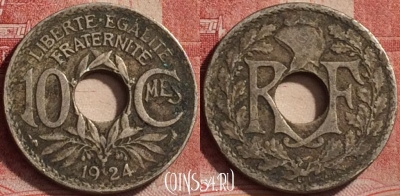 Франция 10 сантимов 1924 года, KM# 866a, 179l-057