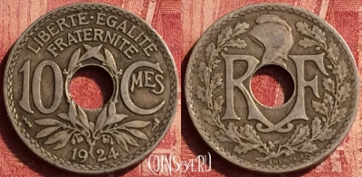 Франция 10 сантимов 1924 года, KM# 866a, 349o-089