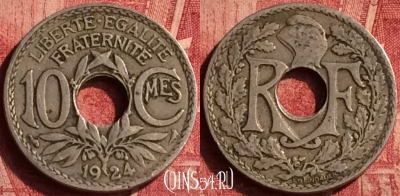 Франция 10 сантимов 1924 года, KM# 866a, 354o-028
