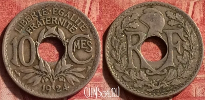 Франция 10 сантимов 1924 года, KM# 866a, 367o-130